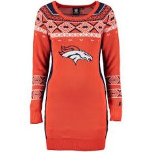 NFL Womens Klew Orange Denver Broncos Big Logo Ugly Sweater Dress Orange Blue XL